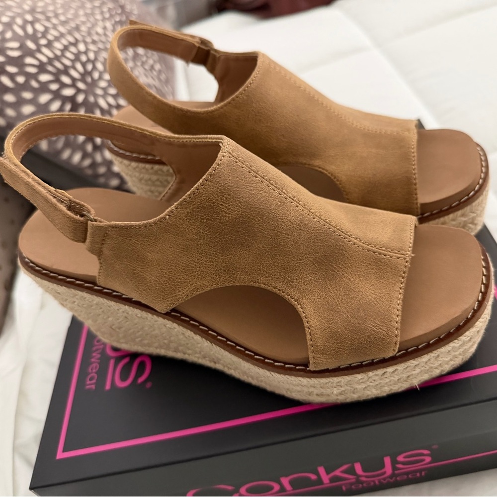 Corky’s crochet Tan leather Wedge Sandals